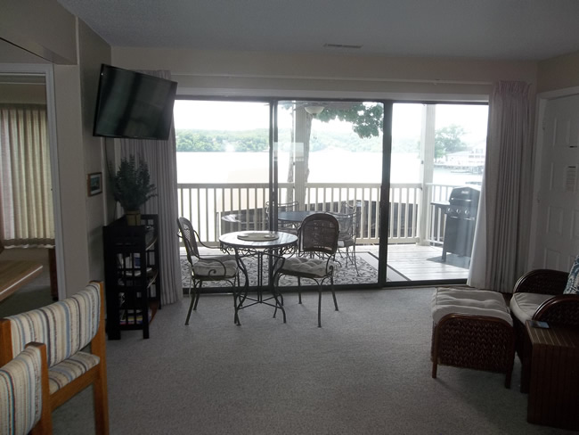 living room with deck in background